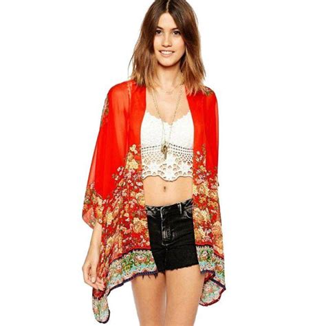 Vintage Flower Print Red Chiffon Kimono Cardigan Boho Chic Swimsuit Cover Up Cardigan Floral