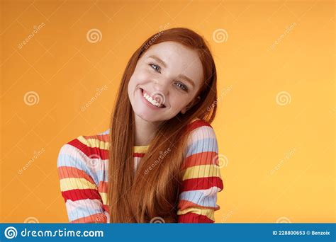 Tender Lively Cheerful Smiling Redhead European Girl 20s Tilting Head Leaning Shoulder Flirting