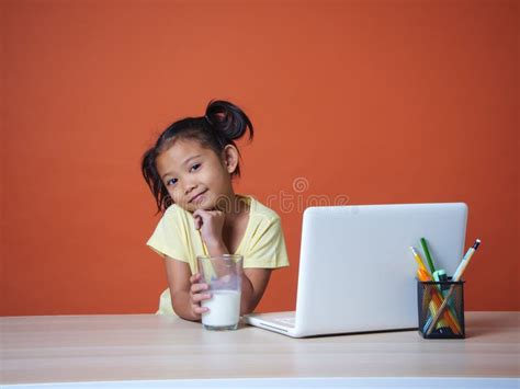 Little Girl Studying With Laptop Stock Photo Image Of Digital