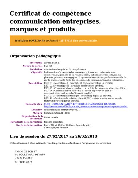 Certificat De Compétence Communication Entreprises Marques Et