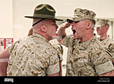 A Us Marine Corps Drill Instructor Screams At A Marine Recruit During
