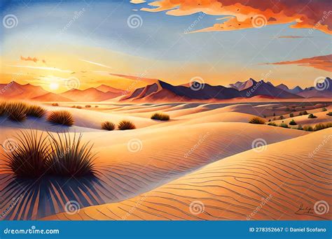 A Watercolor Painting Of A Sunset Over Mountain Peaks And A Desert With