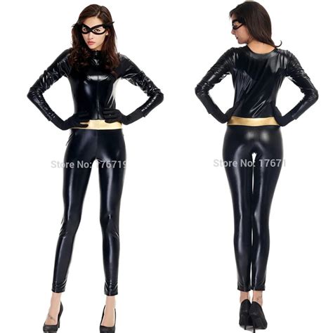 Black Catwoman Jumpsuit Brand New Sexy Female Latex Catwoman Halloween Costumes Long Sleeves