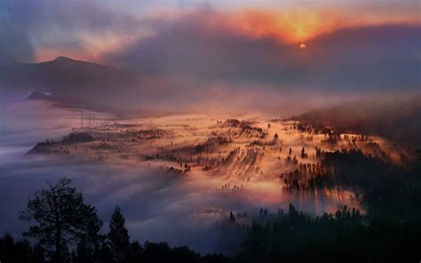 Nature Landscape Mist Sunrise Mountain Forest Valley Trees Sky