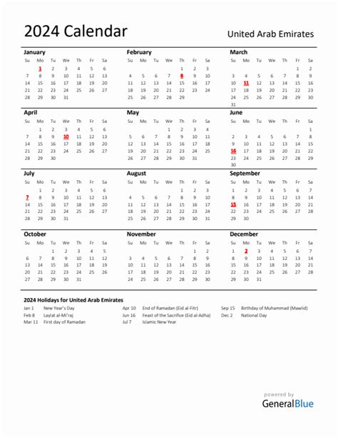 2024 United Arab Emirates Calendar With Holidays