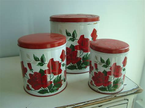 Vintage Parmeco Metal Kitchen Canister Set Wilendur Red Roses Like On