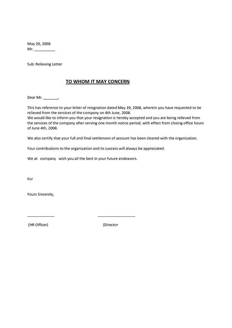 relieving letter format  employee   hr