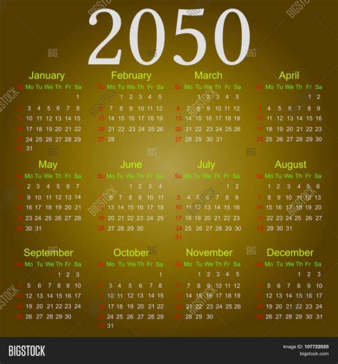 Calendar 2050 Vector And Photo Bigstock