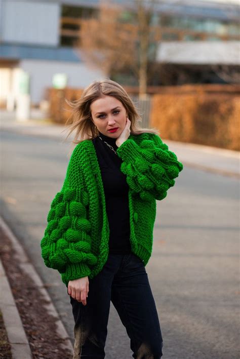 Green Cropped Cardigan Oversize Bubble Sleeves Daughter T Etsy