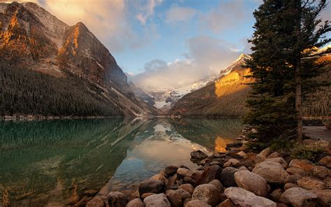 Canada Banff National Park Lake Stones Mountains Morning Sunrise Wallpaper Nature And