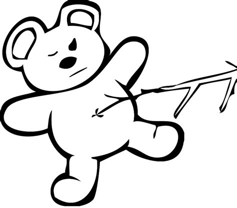 Black And White Drawing Of Teddy Bear Holding Stick
