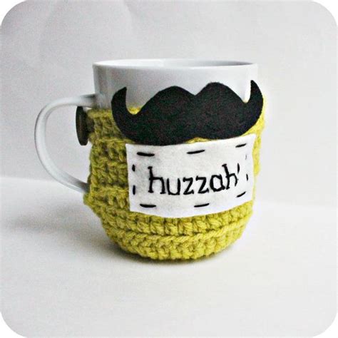 Huzzah Mustache Funny Coffee Mug Cozy Tea Cup Chartreuse White Black