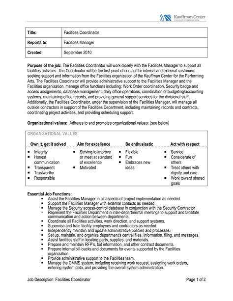 Facilities Coordinator Job Description Templates At