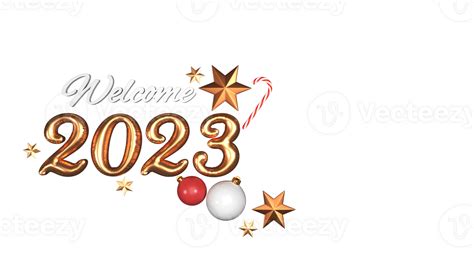 Free Top View Of 3d Render Welcome 2023 Text With Golden Stars Baubles