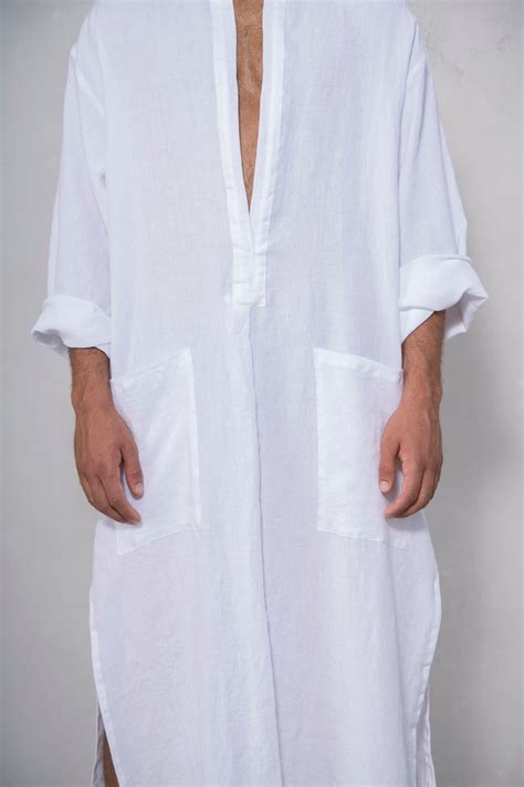 Spa Man Linen Caftan White Cool Loose Fit Tunic For Men Pure Soft Linen