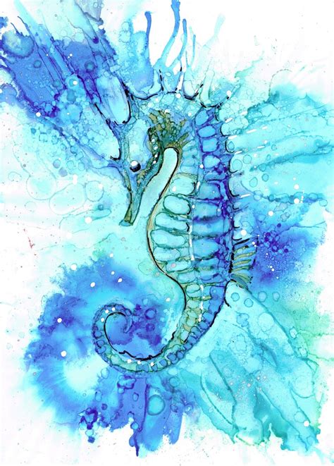 Seahorse Alcohol Ink Painting Art Print Turquoise