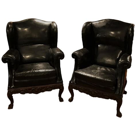 | 28 w harold chair brown top grain leather button tufted wing back wood legs. Pair of 19th Century Black Leather Wing Back Armchairs For ...
