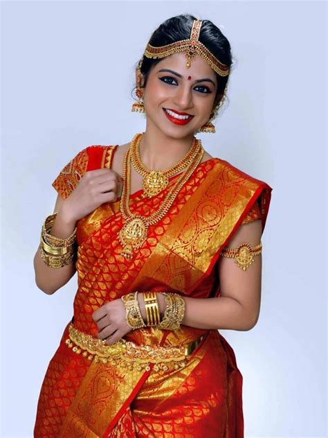 South Indian Bride Temple Jewelry Jhumkisred Silk Kanchipuram Saribraid With Fresh Ja