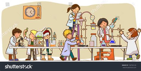 Cartoon Scientist Children Kid Are Studying And Working On Chemistry