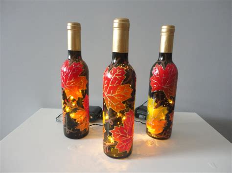 Autumn Fall Leaves Wine Bottle With Vine Lights Halloween
