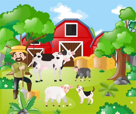 Farmer And Farm Animals In The Field 368991 Vector Art At