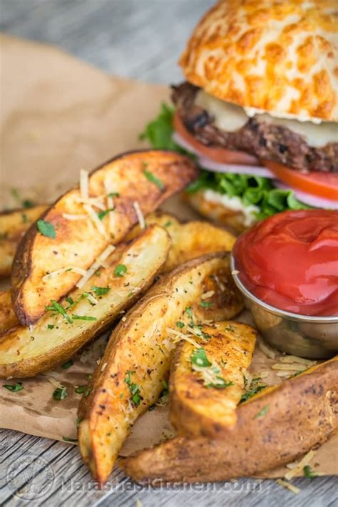 Baked sweet potato wedges or fries can be a healthy food option. Oven Baked Potato Wedges (VIDEO) - NatashasKitchen.com