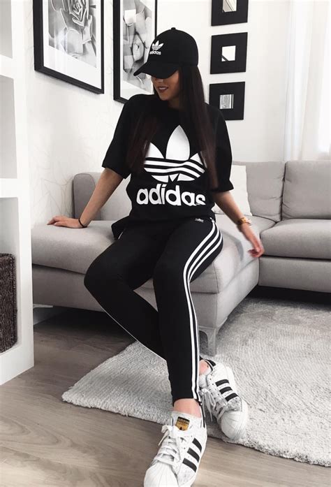 Cute Adidas Outfits For Women Black Adidas T Shirt Black Adidas Leggings And Adidas Superstar