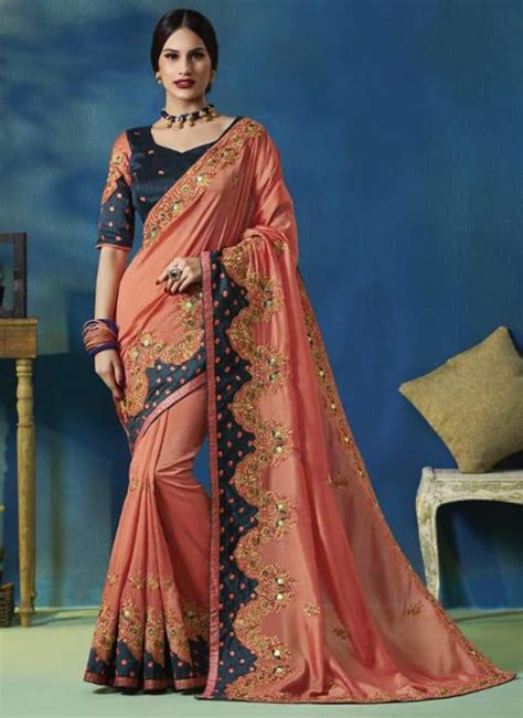 peach silk embroidered party wear saree saree designs party wear sarees gold silk saree