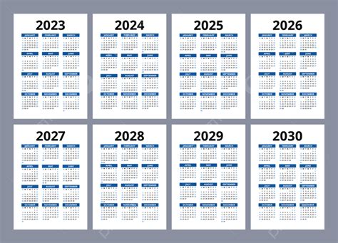 從 2023 年到 2030 年設置的日曆模板下載，設計範本素材在線下載