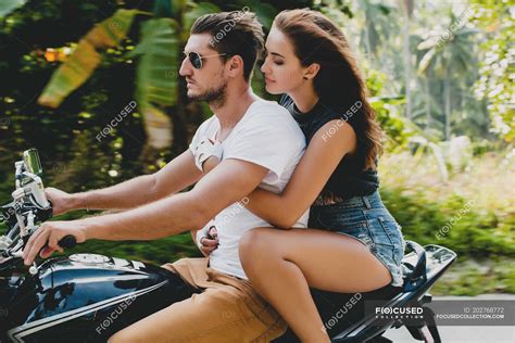 Young Couple Riding On Motorcycle On Rural Road Krabi Thailand — Man Togetherness Stock