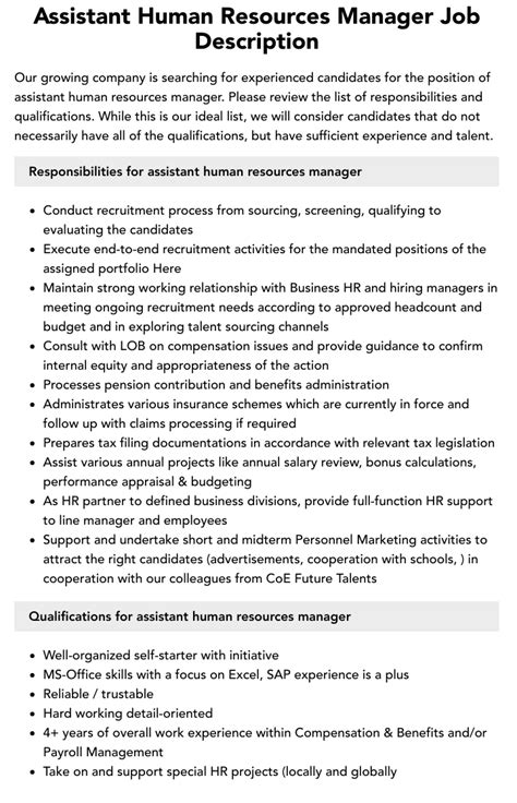 Assistant Human Resources Manager Job Description Velvet Jobs