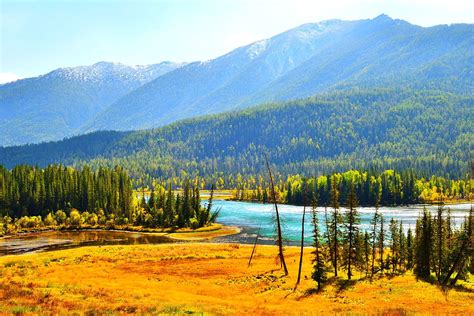 River Forest Trees Hills Mountains Fall Landscape