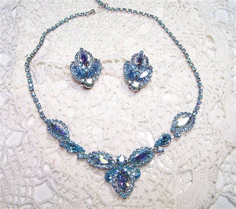 Vintage Aqua Blue Weiss Rhinestone Necklace And Earring Etsy Etsy