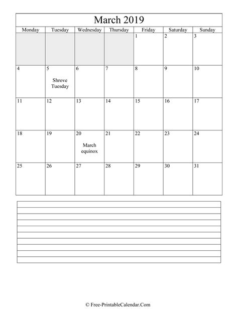 March 2019 Editable Calendar With Notes