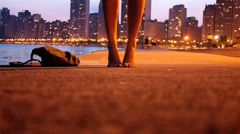 Women Barefoot Feet City Bokeh Worms Eye View
