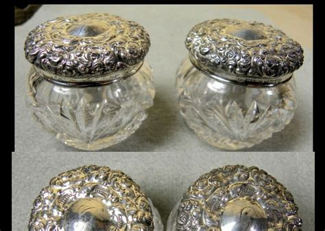 Antique Pair Unger Bros Sterling Silver And Cut Glass Vanity Jars Diamond And Fan