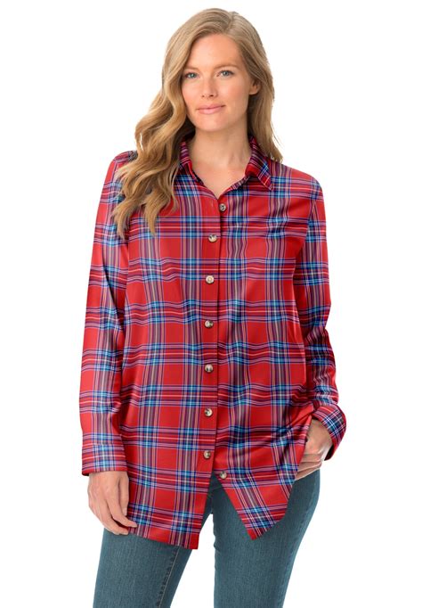 Woman Within Women S Plus Size Classic Flannel Shirt 5x Red Fun Plaid Multicolored