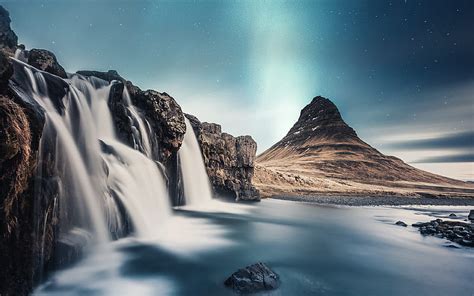 Kirkjufell Mount Waterfalls Night Icelandic Landmarks Mountains