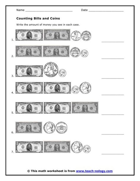 Identifying Dollar Bills Worksheets