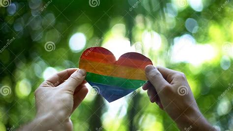 Male Hands Holding Rainbow Heart Global Recognition Of Same Sex