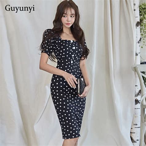 Dot Office Lady Dress Summer Elegant Party Dress Sexy Square Collar Puff Sleeve Single Row