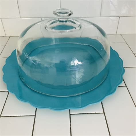 Beautiful Vintage Cake Plate With Dome Upcycled Aqua Blue Base Scalloped Large Base 14 Across