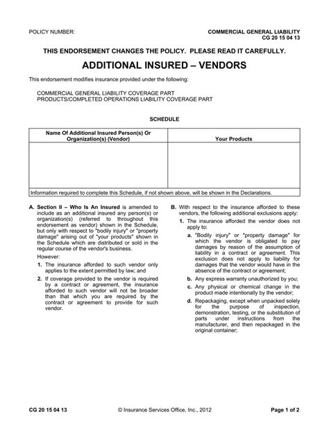Additional Insured Vendors Fill Out Printable Pdf Forms Online