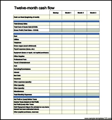 Twelve Month Business Budget Cash Flow Sample Templates