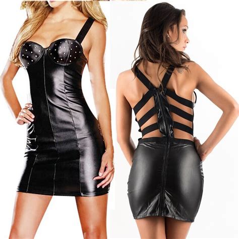 buy sexy leather dress ladies fashion black spaghetti strap dress women club