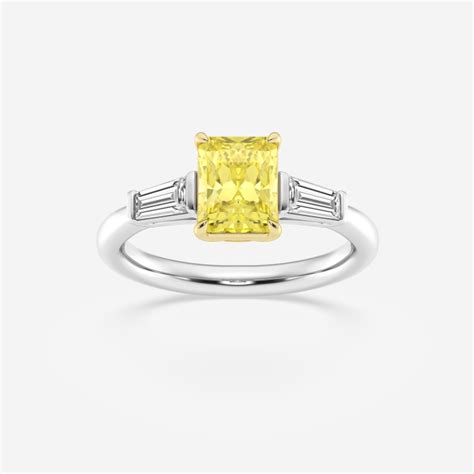 2 ctw radiant lab grown diamond fancy yellow with tapered baguettes three stone engagement ring