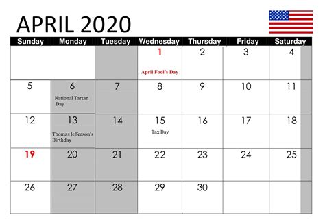 April 2020 Calendar With Holidays Usa With Festival And Dates