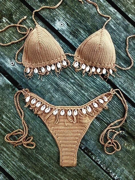 crochet bikini set tan brown bronze bikini with sea shells etsy crochet bikini set crochet