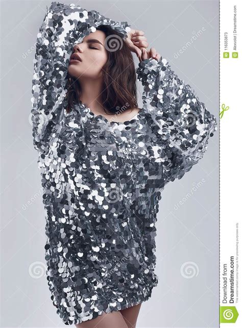 Sensual Beautiful Brunette Woman In A Shiny Fashion Dress Of Sequins Stock Image Image Of