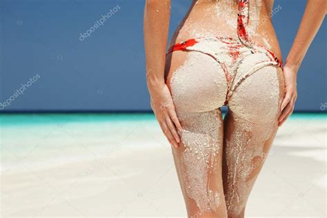Sexy Zandstrand Vrouw Billen Op Het Strand Achtergrond